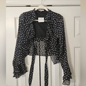 American Eagle Women's Polka Dot Chiffon Blouse Black White M
